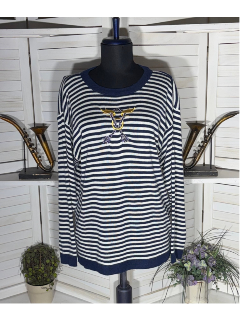 Vintage Koret Nautical sweater striped sailor embroidered cruise resort beach L